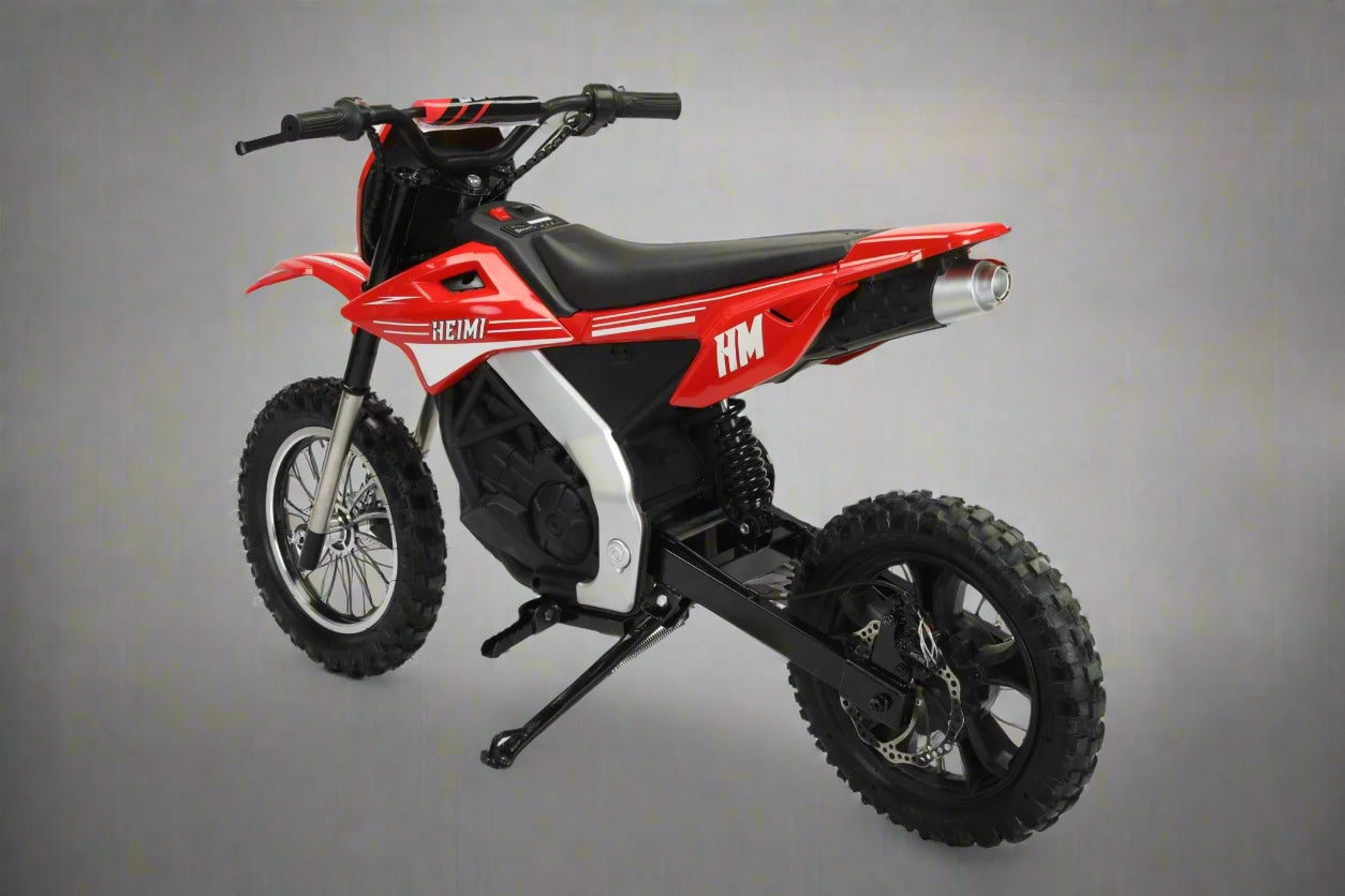 Red kids 36V electric dirt bike side view

Model CS3288 electric motocross bike for kids

Rear disc brake and suspension on 300W dirt bike

Young rider electric toy motorcycle CS3288

Knobby off-road tires on kids 36V electric bike