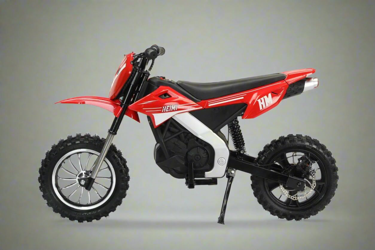 Red kids 36V electric dirt bike side view

Model CS3288 electric motocross bike for kids

Rear disc brake and suspension on 300W dirt bike

Young rider electric toy motorcycle CS3288

Knobby off-road tires on kids 36V electric bike