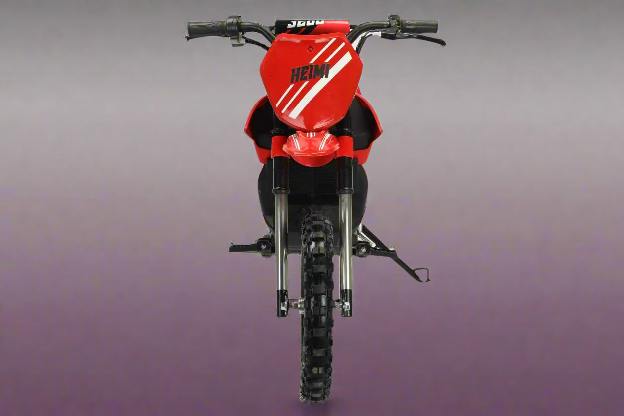 Red kids 36V electric dirt bike side view

Model CS3288 electric motocross bike for kids

Rear disc brake and suspension on 300W dirt bike

Young rider electric toy motorcycle CS3288

Knobby off-road tires on kids 36V electric bike