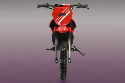 Red kids 36V electric dirt bike side view

Model CS3288 electric motocross bike for kids

Rear disc brake and suspension on 300W dirt bike

Young rider electric toy motorcycle CS3288

Knobby off-road tires on kids 36V electric bike