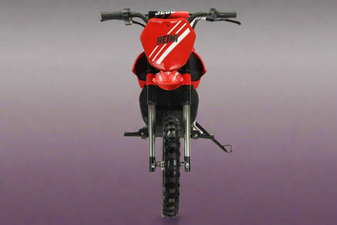 Red kids 36V electric dirt bike side view

Model CS3288 electric motocross bike for kids

Rear disc brake and suspension on 300W dirt bike

Young rider electric toy motorcycle CS3288

Knobby off-road tires on kids 36V electric bike