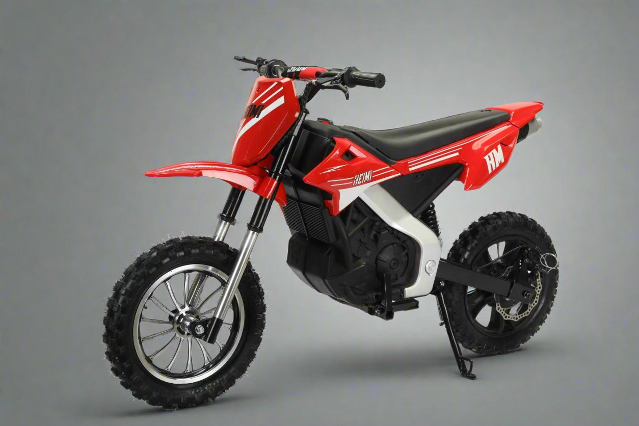 Red kids 36V electric dirt bike side view

Model CS3288 electric motocross bike for kids

Rear disc brake and suspension on 300W dirt bike

Young rider electric toy motorcycle CS3288

Knobby off-road tires on kids 36V electric bike