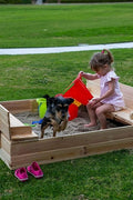 Kids wooden sandbox with cover in backyard setting

Lockable outdoor sandbox filled with sand and toys

Square wooden sandbox with kids playing

Beige sandbox for toddlers in garden area

Assembled kids outdoor sandbox with weather-resistant design