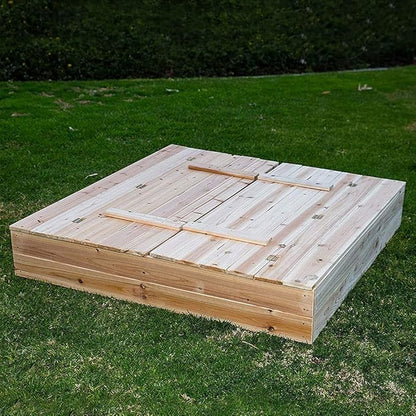Kids wooden sandbox with cover in backyard setting

Lockable outdoor sandbox filled with sand and toys

Square wooden sandbox with kids playing

Beige sandbox for toddlers in garden area

Assembled kids outdoor sandbox with weather-resistant design