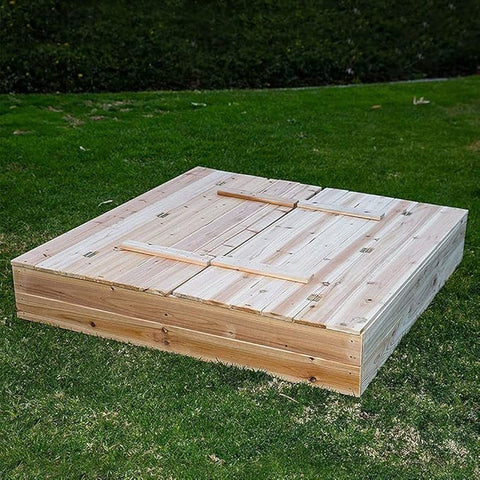 Kids wooden sandbox with cover in backyard setting

Lockable outdoor sandbox filled with sand and toys

Square wooden sandbox with kids playing

Beige sandbox for toddlers in garden area

Assembled kids outdoor sandbox with weather-resistant design