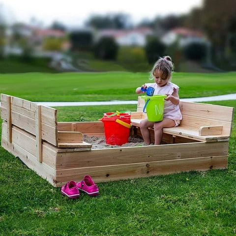 Kids wooden sandbox with cover in backyard setting

Lockable outdoor sandbox filled with sand and toys

Square wooden sandbox with kids playing

Beige sandbox for toddlers in garden area

Assembled kids outdoor sandbox with weather-resistant design