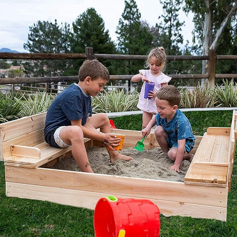 Kids wooden sandbox with cover in backyard setting

Lockable outdoor sandbox filled with sand and toys

Square wooden sandbox with kids playing

Beige sandbox for toddlers in garden area

Assembled kids outdoor sandbox with weather-resistant design