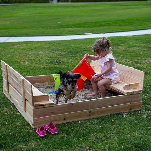 Kids wooden sandbox with cover in backyard setting

Lockable outdoor sandbox filled with sand and toys

Square wooden sandbox with kids playing

Beige sandbox for toddlers in garden area

Assembled kids outdoor sandbox with weather-resistant design