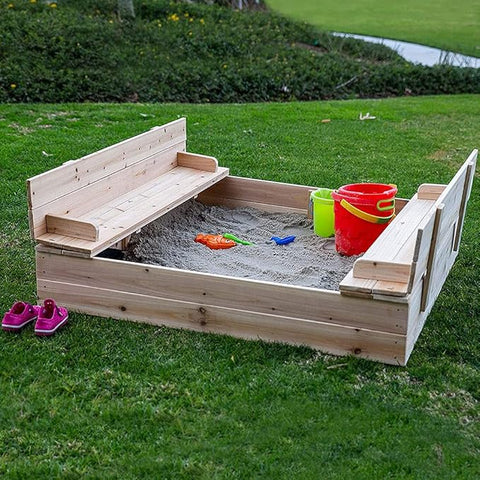 Kids wooden sandbox with cover in backyard setting

Lockable outdoor sandbox filled with sand and toys

Square wooden sandbox with kids playing

Beige sandbox for toddlers in garden area

Assembled kids outdoor sandbox with weather-resistant design