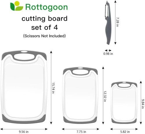 Plastic kitchen cutting boards with anti-slip handles and bonus knife

4-piece BPA-free cutting board set with juice grooves

Non-slip cutting board set in various sizes with stainless steel knife

Easy-grip chopping board set for meat, veggies, and fruits