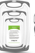 Plastic kitchen cutting boards with anti-slip handles and bonus knife

4-piece BPA-free cutting board set with juice grooves

Non-slip cutting board set in various sizes with stainless steel knife

Easy-grip chopping board set for meat, veggies, and fruits