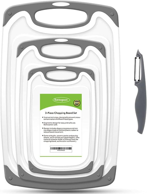 Plastic kitchen cutting boards with anti-slip handles and bonus knife

4-piece BPA-free cutting board set with juice grooves

Non-slip cutting board set in various sizes with stainless steel knife

Easy-grip chopping board set for meat, veggies, and fruits