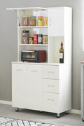 "Freestanding white wood kitchen pantry cabinet with adjustable shelves, drawers, and doors – Model 113221"