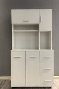 "Freestanding white wood kitchen pantry cabinet with adjustable shelves, drawers, and doors – Model 113221"