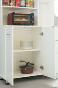 "Freestanding white wood kitchen pantry cabinet with adjustable shelves, drawers, and doors – Model 113221"