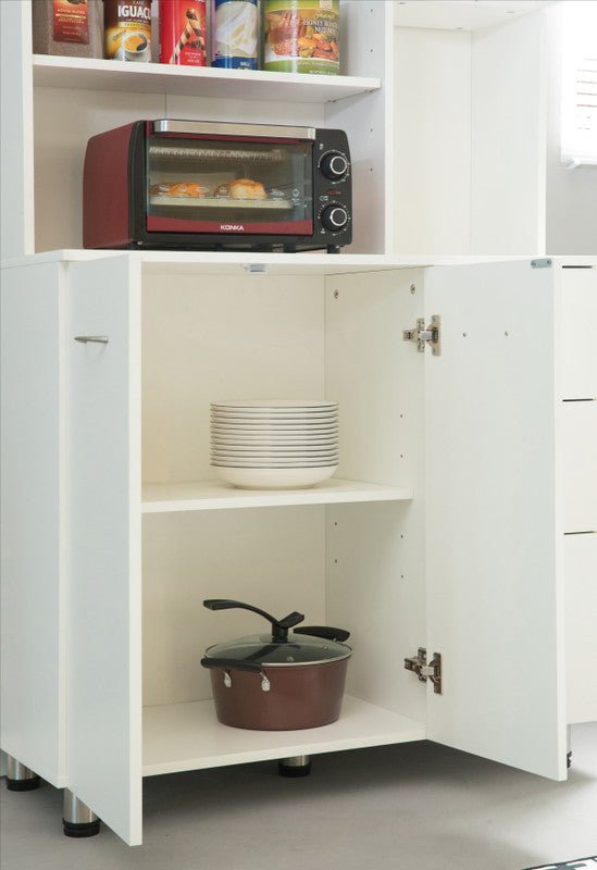 "Freestanding white wood kitchen pantry cabinet with adjustable shelves, drawers, and doors – Model 113221"