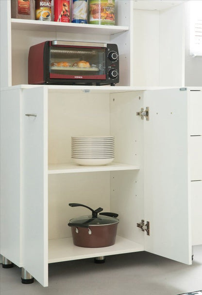 "Freestanding white wood kitchen pantry cabinet with adjustable shelves, drawers, and doors – Model 113221"