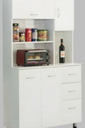 "Freestanding white wood kitchen pantry cabinet with adjustable shelves, drawers, and doors – Model 113221"