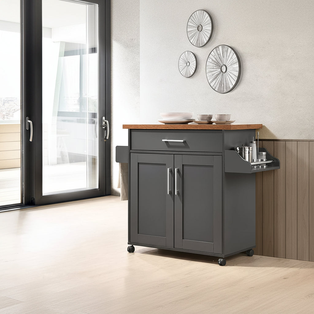 "Rolling kitchen island cart with wood and metal frame, spice rack, drawer, and cabinet – Models 42301 & 4230"