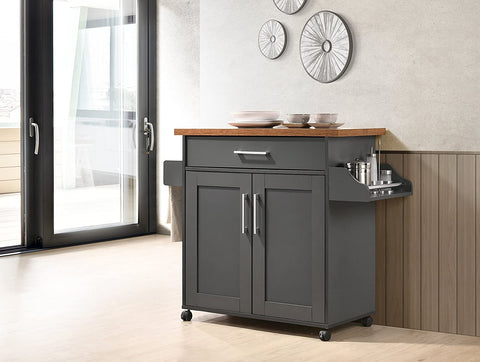 "Rolling kitchen island cart with wood and metal frame, spice rack, drawer, and cabinet – Models 42301 & 4230"