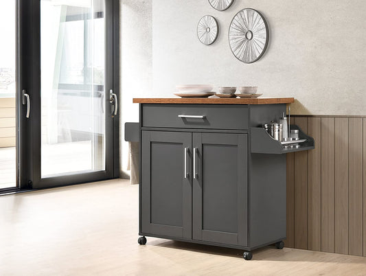 "Rolling kitchen island cart with wood and metal frame, spice rack, drawer, and cabinet – Models 42301 & 4230"