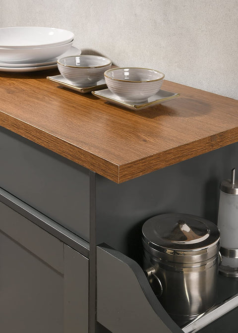 "Rolling kitchen island cart with wood and metal frame, spice rack, drawer, and cabinet – Models 42301 & 4230"