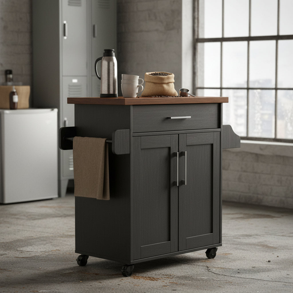 "Rolling kitchen island cart with wood and metal frame, spice rack, drawer, and cabinet – Models 42301 & 4230"