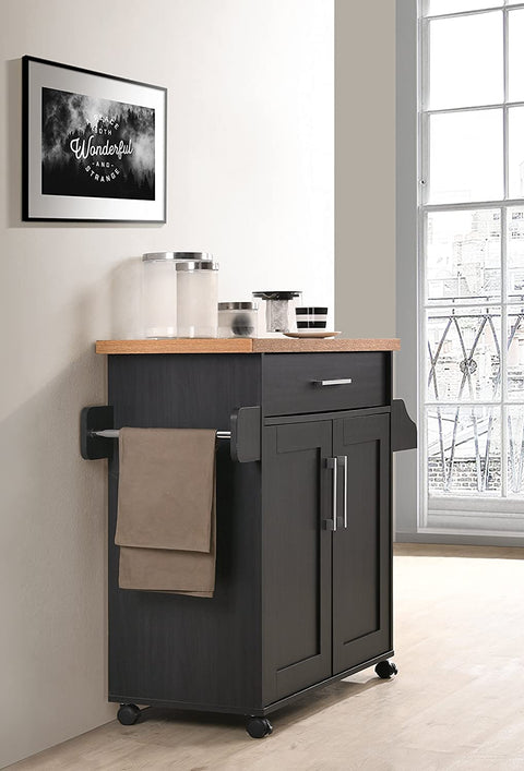 "Rolling kitchen island cart with wood and metal frame, spice rack, drawer, and cabinet – Models 42301 & 4230"