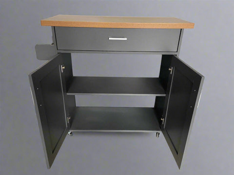 "Rolling kitchen island cart with wood and metal frame, spice rack, drawer, and cabinet – Models 42301 & 4230"
