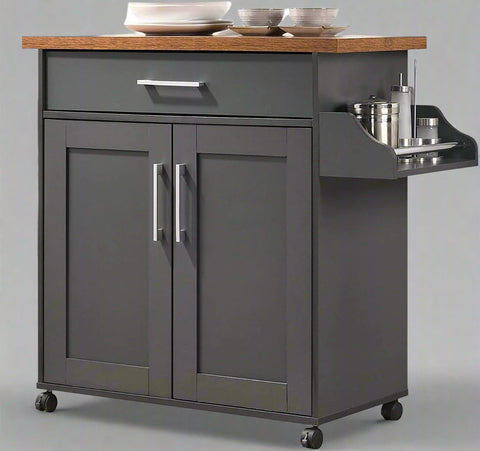 "Rolling kitchen island cart with wood and metal frame, spice rack, drawer, and cabinet – Models 42301 & 4230"