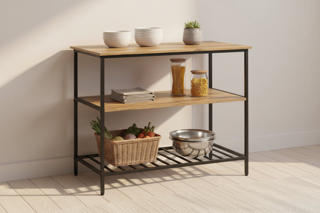 New Kitchen & Utility Storage Rack – Industrial Greige & Black 3 - Tier Shelf TLKR2503 - with | Sold by Uncle Wiener's Wholesale