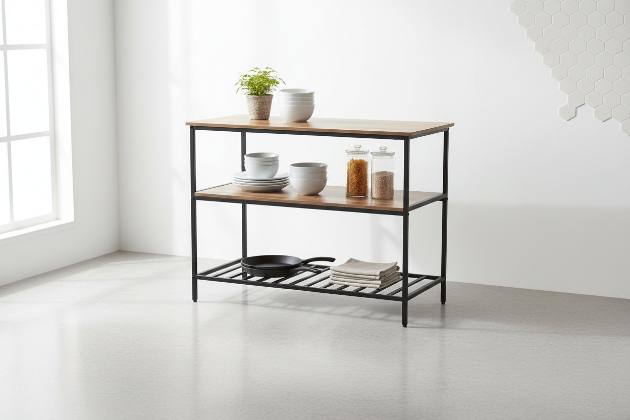 New Kitchen & Utility Storage Rack – Industrial Greige & Black 3 - Tier Shelf TLKR2503 - with | Sold by Uncle Wiener's Wholesale