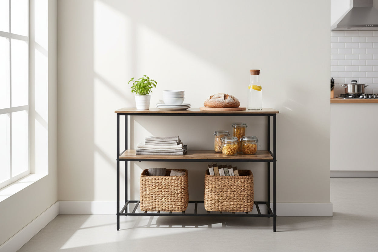 New Kitchen & Utility Storage Rack – Industrial Greige & Black 3 - Tier Shelf TLKR2503 - with | Sold by Uncle Wiener's Wholesale