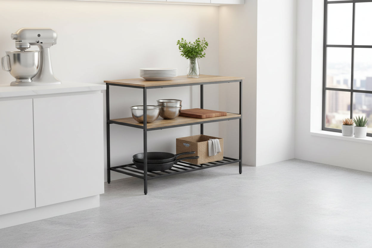 New Kitchen & Utility Storage Rack – Industrial Greige & Black 3 - Tier Shelf TLKR2503 - with | Sold by Uncle Wiener's Wholesale