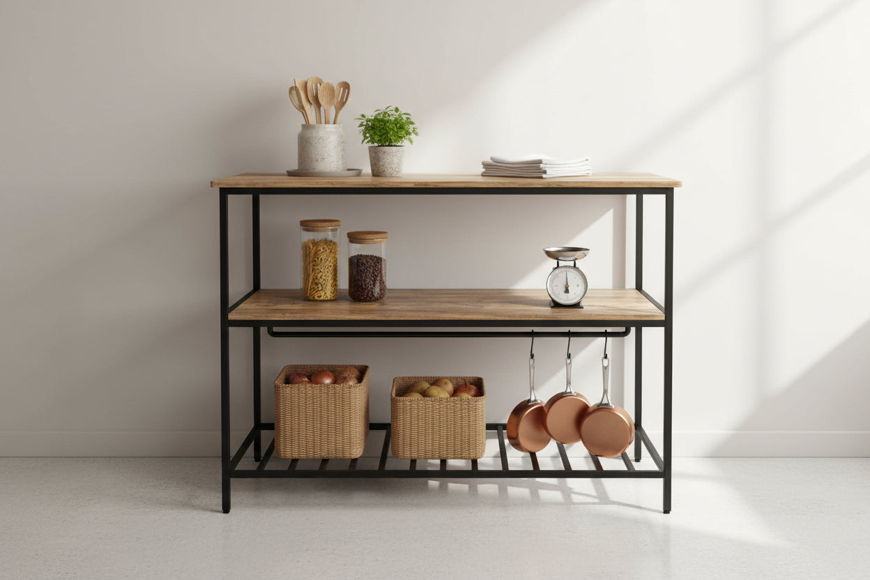 New Kitchen & Utility Storage Rack – Industrial Greige & Black 3 - Tier Shelf TLKR2503 - with | Sold by Uncle Wiener's Wholesale