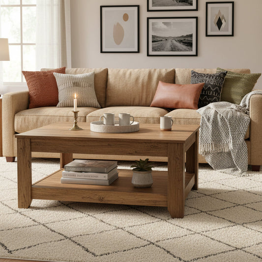 Rustic knotty oak coffee table in a farmhouse-style living room
Side view showing woodgrain texture and lower shelf
Top-down view of the square table surface
Decorated coffee table with books and storage baskets
Compact rustic wood table styled with cozy furniture