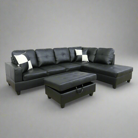 Modern L-Shaped Sectional Sofa with Ottoman - Right Facing Configuration

Living Room Setup with Black L-Shaped Sectional and Ottoman

Tufted Cushion Detail on Modern Sectional Sofa

Family Room with White L-Shaped Sectional Sofa