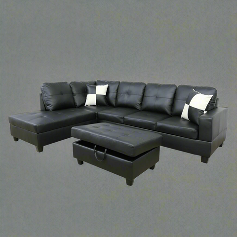 Modern L-Shaped Sectional Sofa with Ottoman - Right Facing Configuration

Living Room Setup with Black L-Shaped Sectional and Ottoman

Tufted Cushion Detail on Modern Sectional Sofa

Family Room with White L-Shaped Sectional Sofa