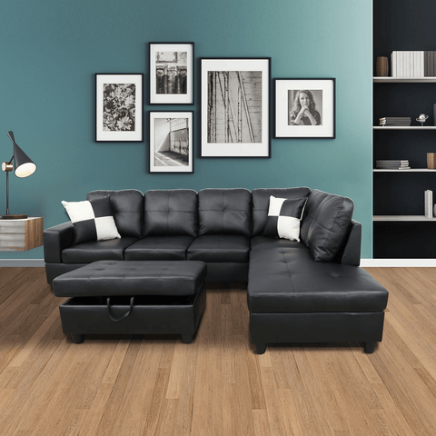Modern L-Shaped Sectional Sofa with Ottoman - Right Facing Configuration

Living Room Setup with Black L-Shaped Sectional and Ottoman

Tufted Cushion Detail on Modern Sectional Sofa

Family Room with White L-Shaped Sectional Sofa