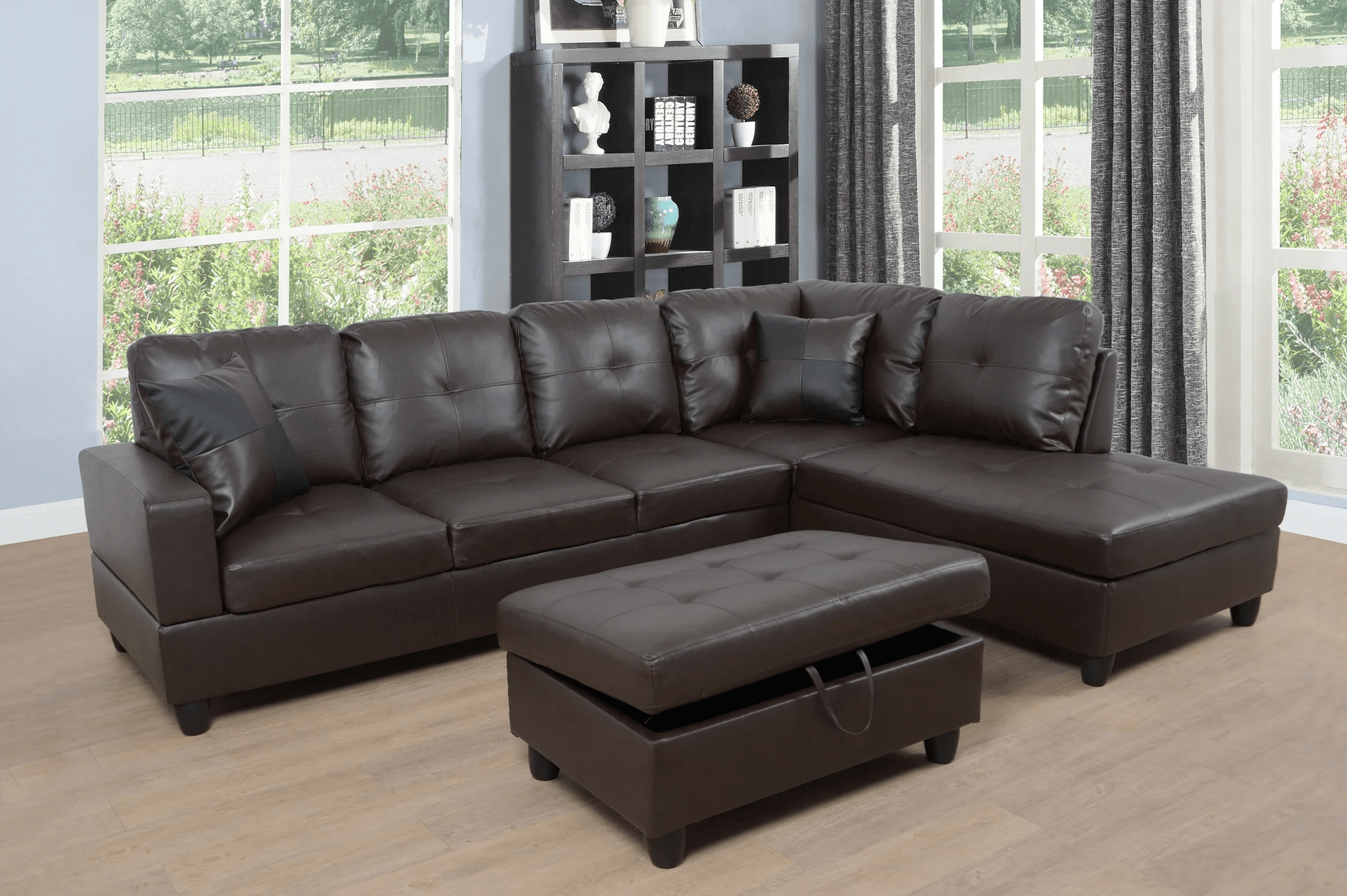 Modern L-Shaped Sectional Sofa with Ottoman - Right Facing Configuration

Living Room Setup with Black L-Shaped Sectional and Ottoman

Tufted Cushion Detail on Modern Sectional Sofa

Family Room with White L-Shaped Sectional Sofa