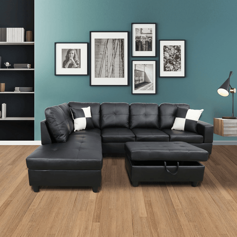 Modern L-Shaped Sectional Sofa with Ottoman - Right Facing Configuration

Living Room Setup with Black L-Shaped Sectional and Ottoman

Tufted Cushion Detail on Modern Sectional Sofa

Family Room with White L-Shaped Sectional Sofa