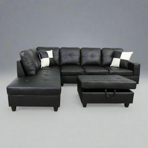 Modern L-Shaped Sectional Sofa with Ottoman - Right Facing Configuration

Living Room Setup with Black L-Shaped Sectional and Ottoman

Tufted Cushion Detail on Modern Sectional Sofa

Family Room with White L-Shaped Sectional Sofa