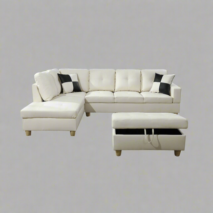 Modern L-Shaped Sectional Sofa with Ottoman - Right Facing Configuration

Living Room Setup with Black L-Shaped Sectional and Ottoman

Tufted Cushion Detail on Modern Sectional Sofa

Family Room with White L-Shaped Sectional Sofa