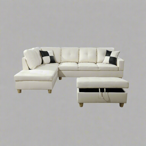 Modern L-Shaped Sectional Sofa with Ottoman - Right Facing Configuration

Living Room Setup with Black L-Shaped Sectional and Ottoman

Tufted Cushion Detail on Modern Sectional Sofa

Family Room with White L-Shaped Sectional Sofa