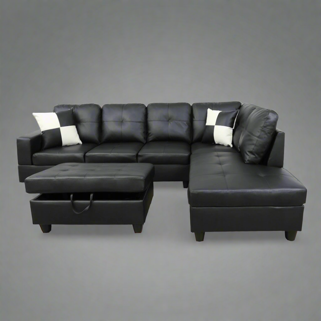 Modern L-Shaped Sectional Sofa with Ottoman - Right Facing Configuration

Living Room Setup with Black L-Shaped Sectional and Ottoman

Tufted Cushion Detail on Modern Sectional Sofa

Family Room with White L-Shaped Sectional Sofa