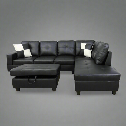 Modern L-Shaped Sectional Sofa with Ottoman - Right Facing Configuration

Living Room Setup with Black L-Shaped Sectional and Ottoman

Tufted Cushion Detail on Modern Sectional Sofa

Family Room with White L-Shaped Sectional Sofa