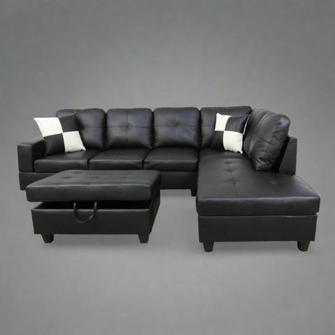 Modern L-Shaped Sectional Sofa with Ottoman - Right Facing Configuration

Living Room Setup with Black L-Shaped Sectional and Ottoman

Tufted Cushion Detail on Modern Sectional Sofa

Family Room with White L-Shaped Sectional Sofa