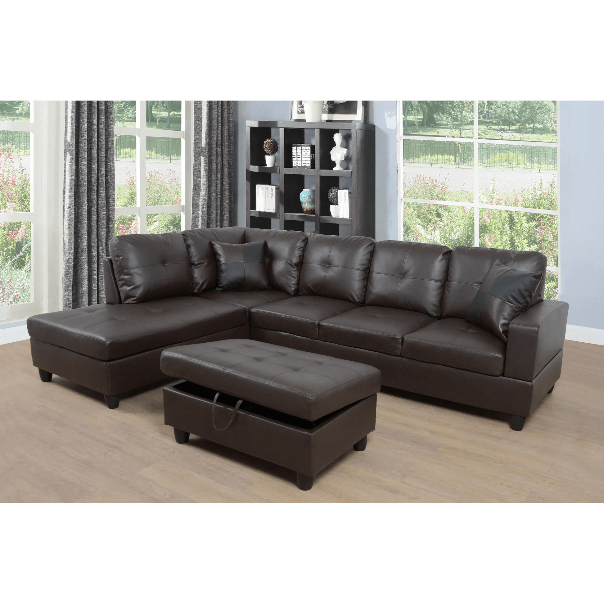 Modern L-Shaped Sectional Sofa with Ottoman - Right Facing Configuration

Living Room Setup with Black L-Shaped Sectional and Ottoman

Tufted Cushion Detail on Modern Sectional Sofa

Family Room with White L-Shaped Sectional Sofa