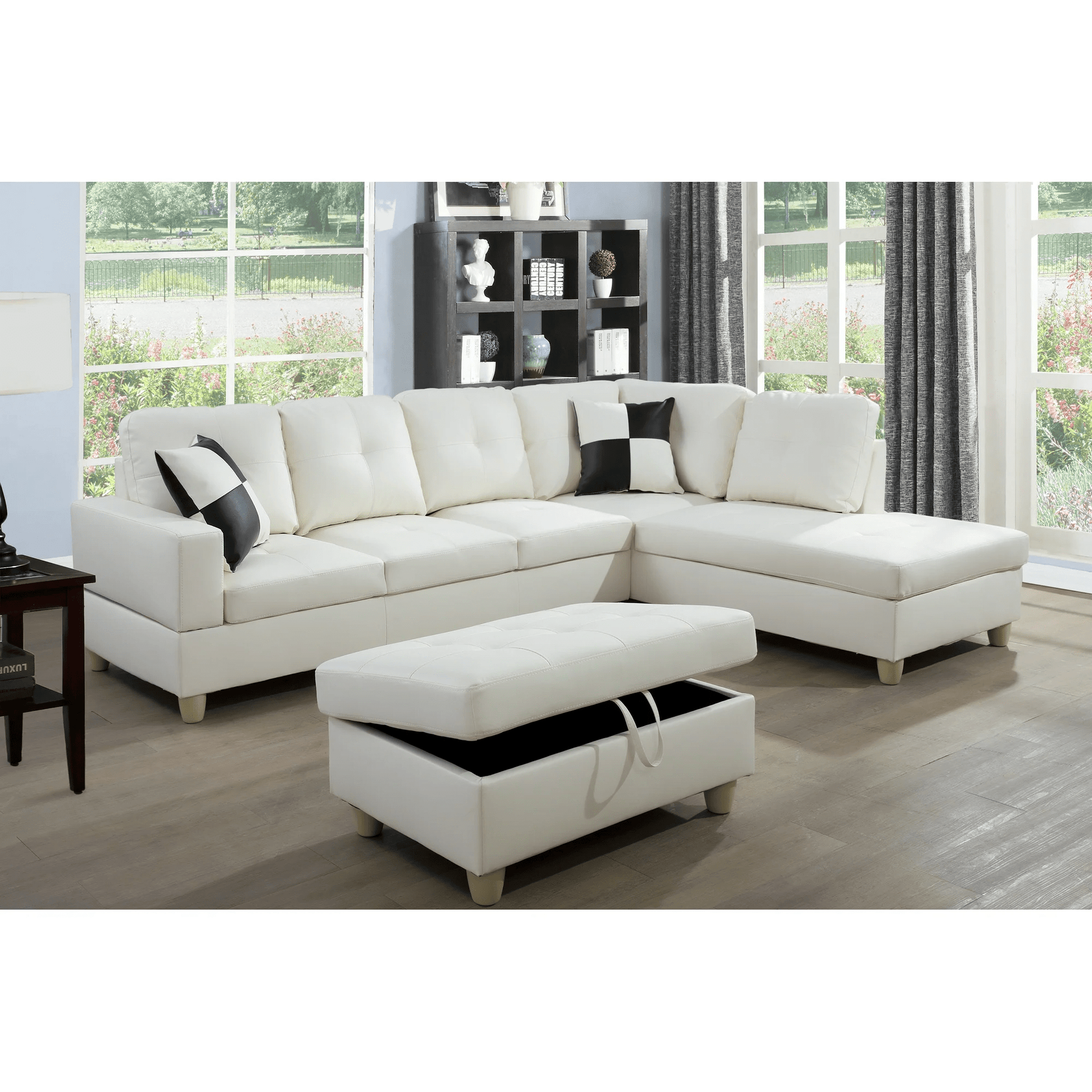 Modern L-Shaped Sectional Sofa with Ottoman - Right Facing Configuration

Living Room Setup with Black L-Shaped Sectional and Ottoman

Tufted Cushion Detail on Modern Sectional Sofa

Family Room with White L-Shaped Sectional Sofa