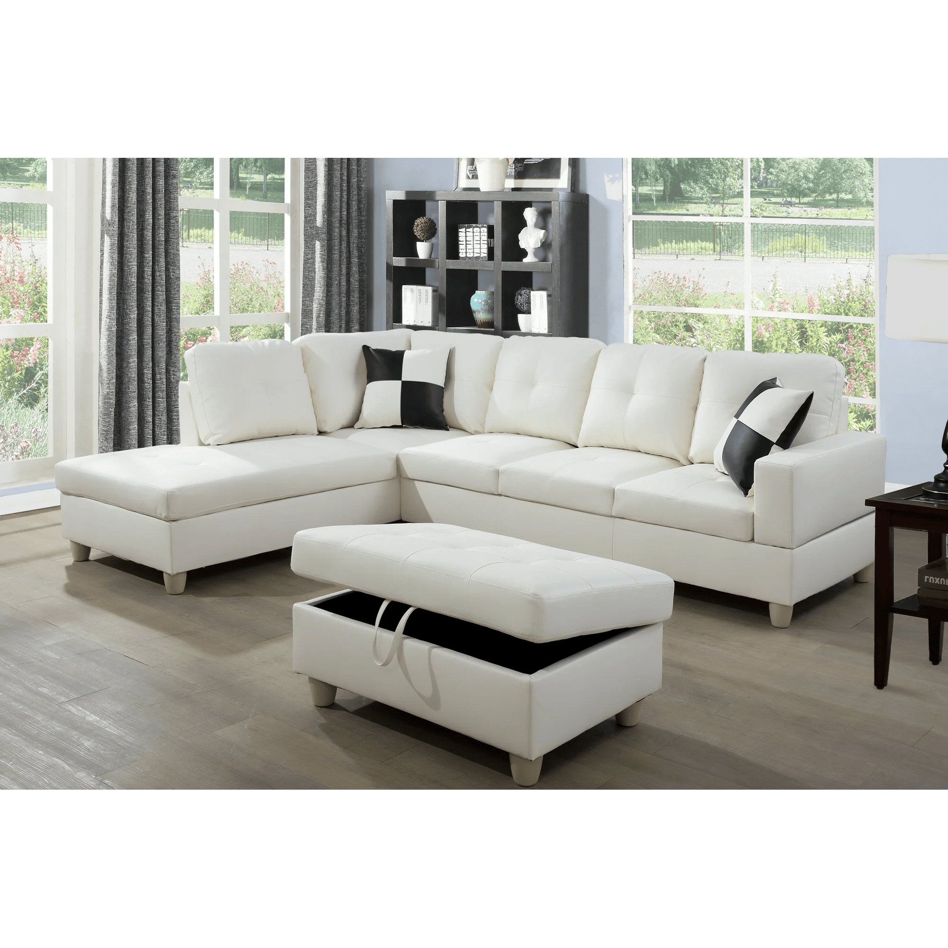 Modern L-Shaped Sectional Sofa with Ottoman - Right Facing Configuration

Living Room Setup with Black L-Shaped Sectional and Ottoman

Tufted Cushion Detail on Modern Sectional Sofa

Family Room with White L-Shaped Sectional Sofa